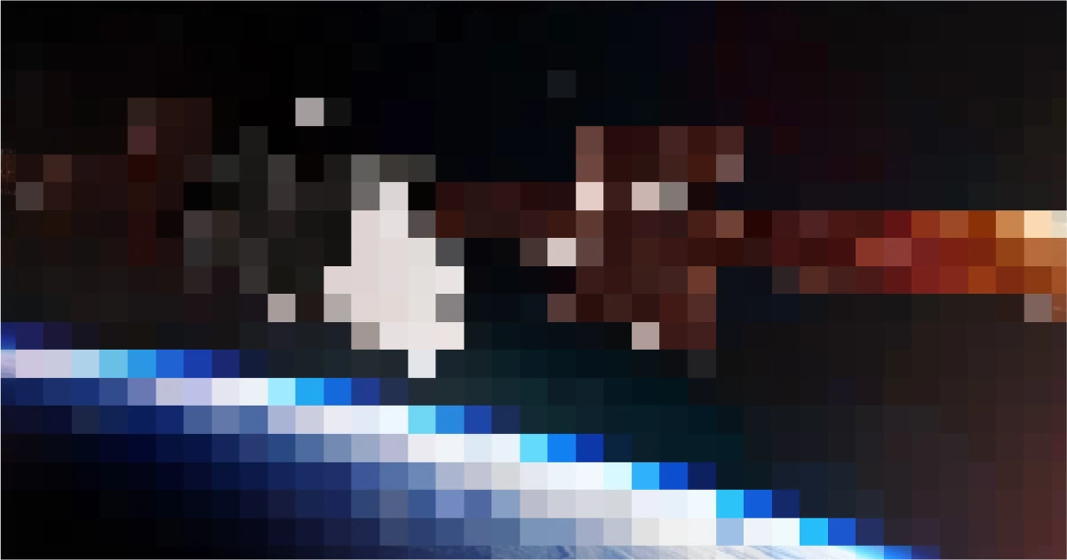 A coarsely pixelated frame of a white shape and an orange streak above a curving blue band