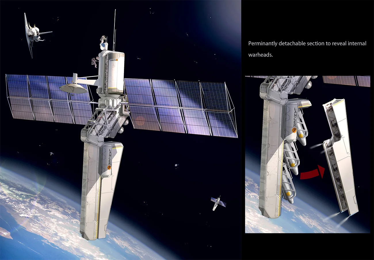 Render of a satellite with long solar wings above the Earth, beside an inset of a side section opening to show warheads inside