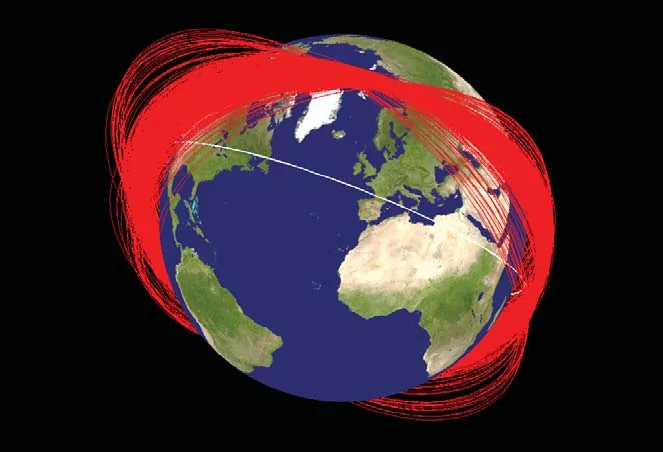 A globe of the Earth wrapped in dense red rings of orbit lines