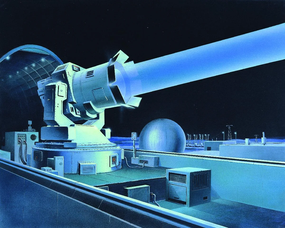 Blue-toned illustration of a large turret on a building firing a beam into the sky, a radome beside it