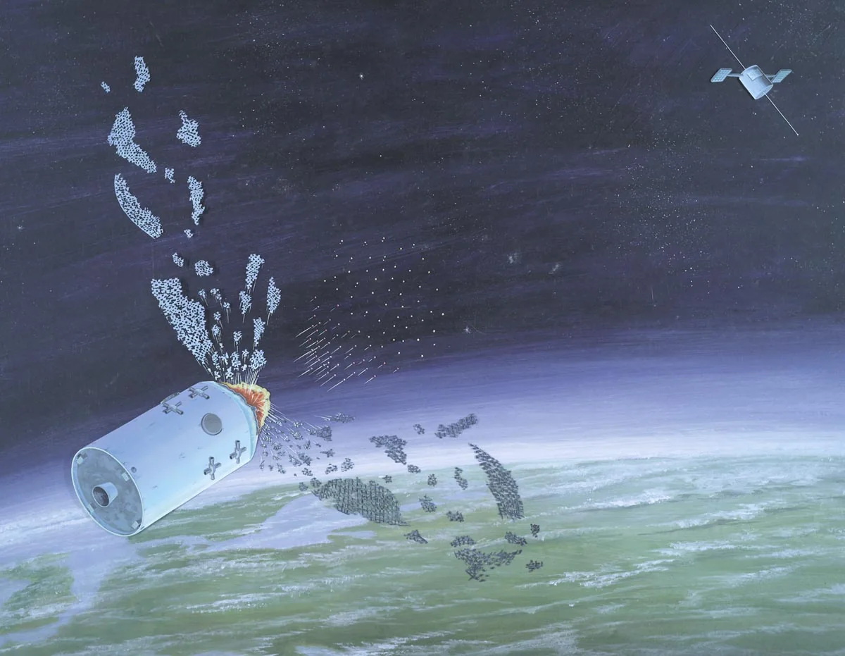 Painting of a cylindrical craft bursting into a spray of fragments above the Earth, a satellite in the upper corner