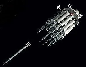 Render of a satellite carrying a ring of long rods, one rod falling away from it