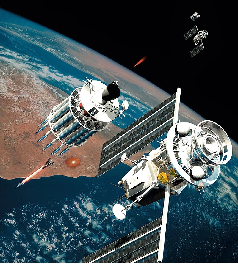 Illustration of satellites over the Earth, one carrying a bundle of rods, with projectiles streaking down toward the ground