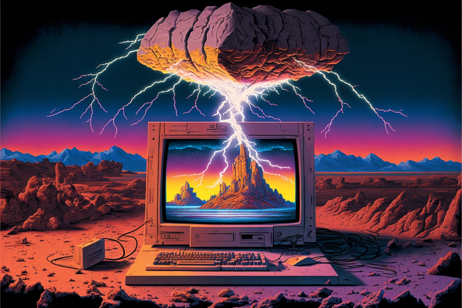 An old computer in a red desert, struck by lightning from a huge brain-shaped rock hanging above it