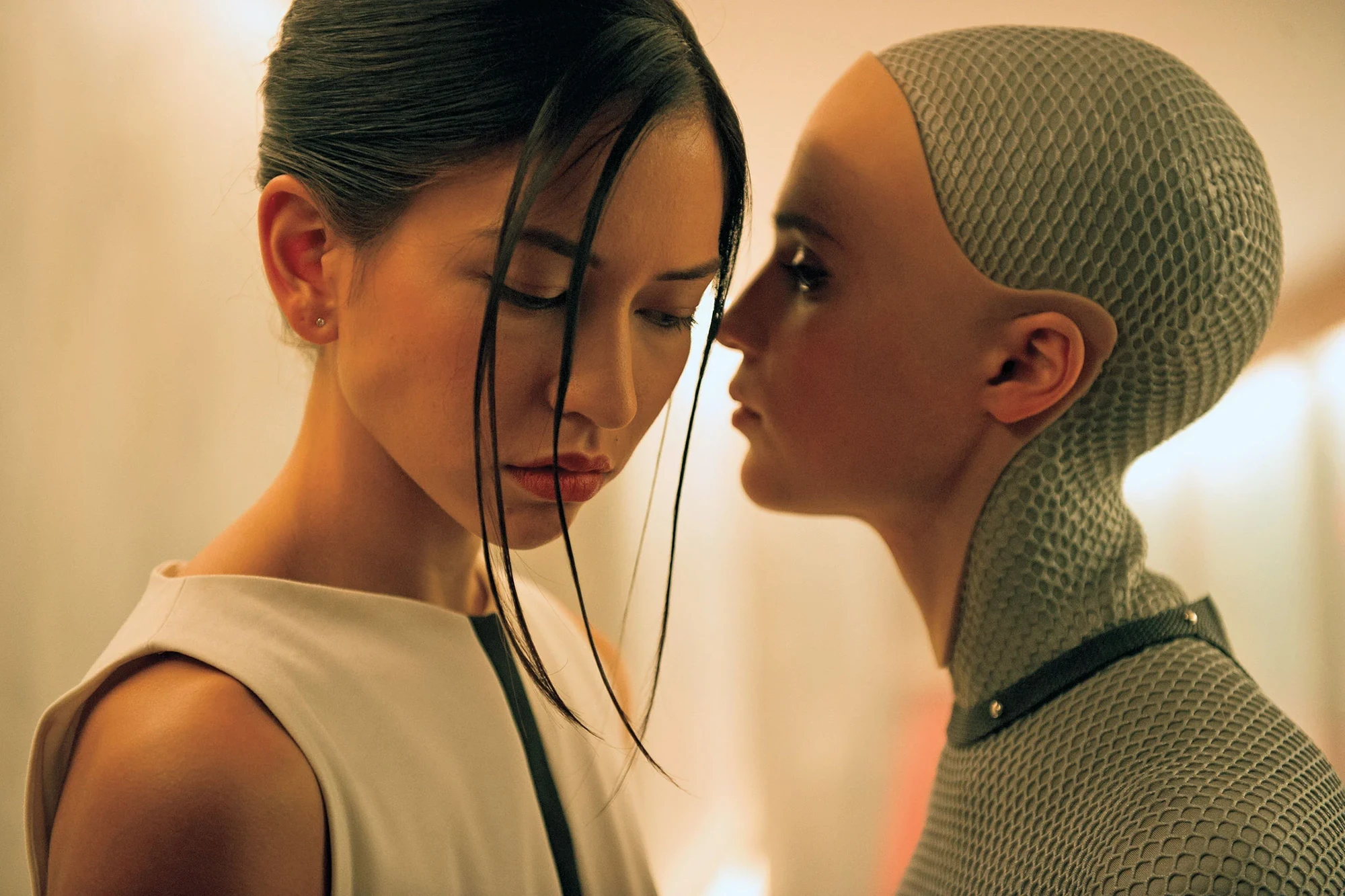 Two androids from Ex Machina face to face, one with a human face and dark hair, the other with a grey mesh head and body