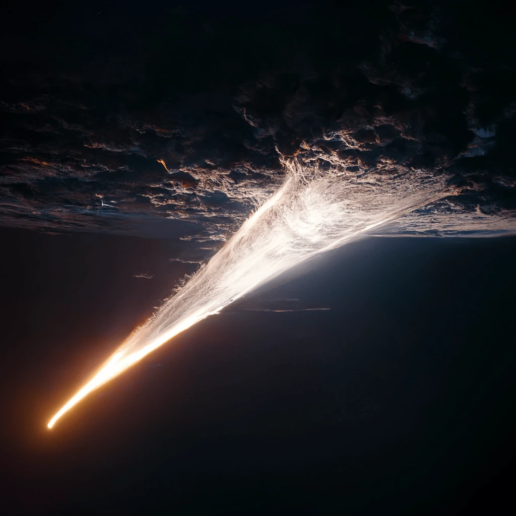 A bright streak of a craft re-entering, trailing white light below dark clouds