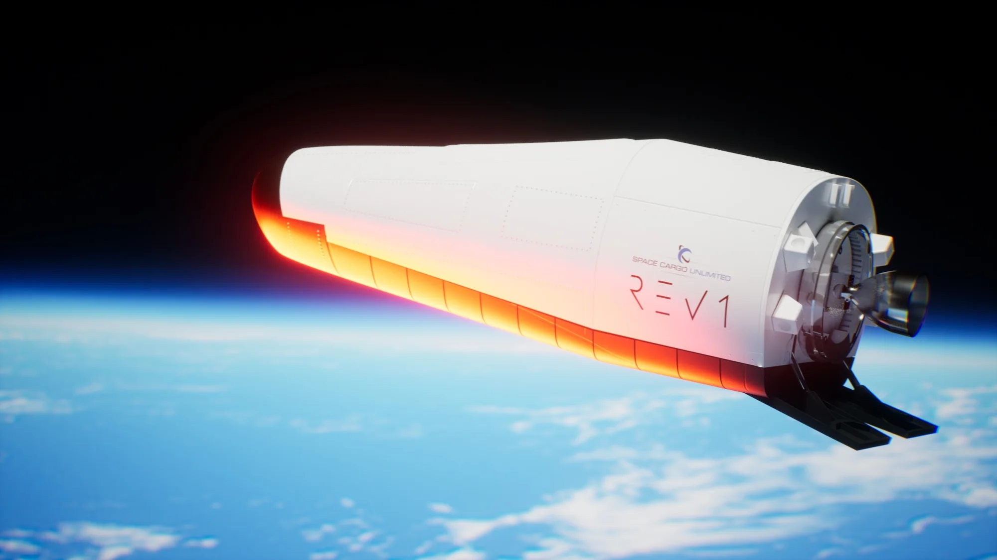 Render of the white REV1 vehicle above the Earth, the edge of its underside glowing orange