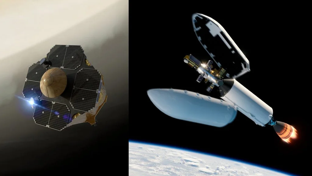 Two renders: a hexagonal satellite with solar panels around a gold capsule, and a payload leaving an opened rocket fairing above the Earth