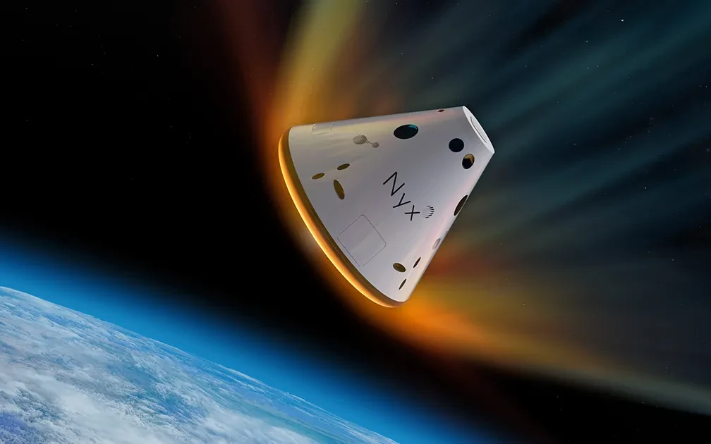 Render of the conical white Nyx capsule wrapped in orange plasma above the Earth