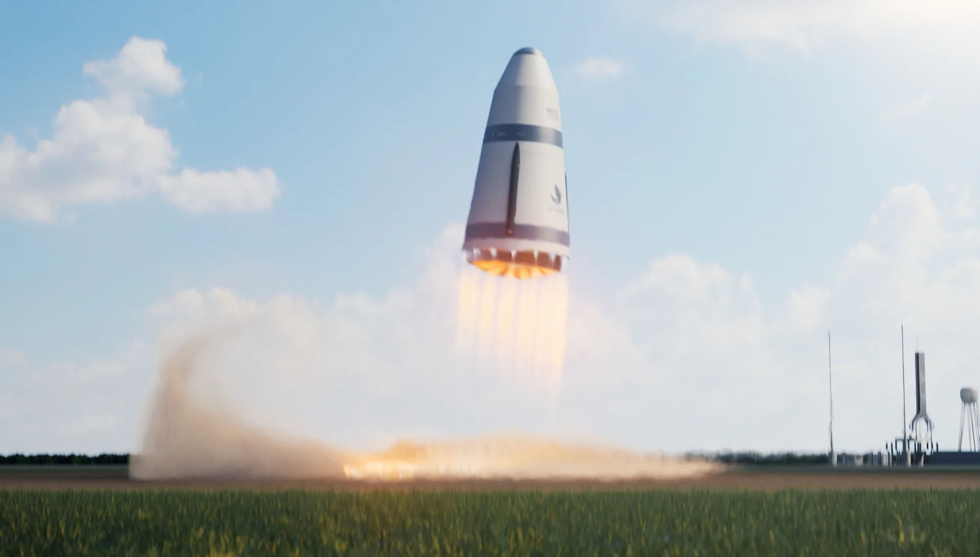 Render of a white rocket stage descending on its engines over a grass field, dust blowing beneath it