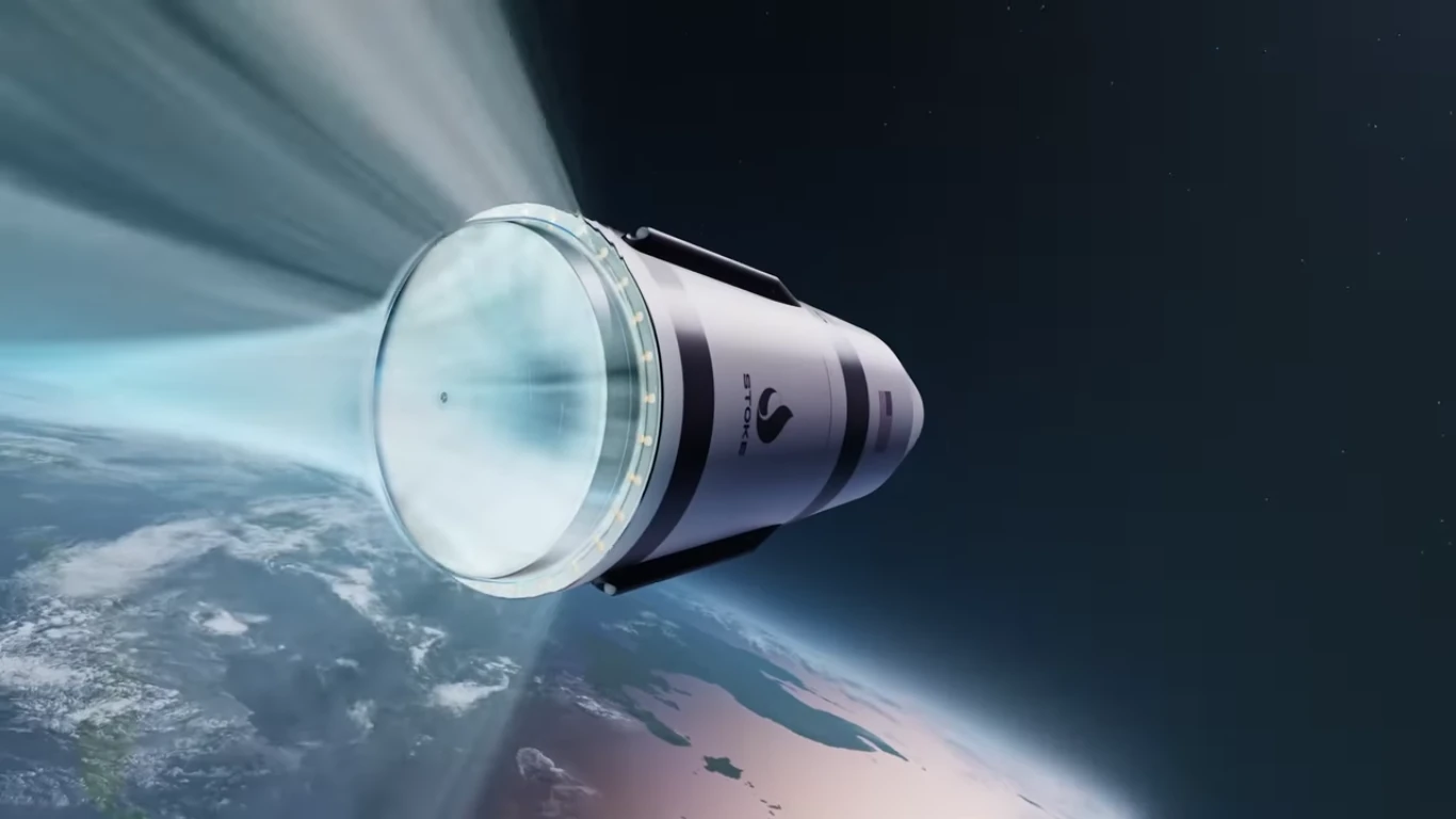 Render of a cylindrical stage above the Earth, a broad blue exhaust firing from the ring at its base